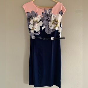 Elegant Floral Midi Dress in Navy and Pink